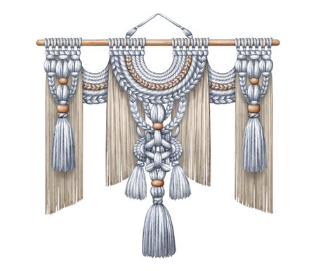 watercolor illustration. Tribal macrame wall hanging decor with fringe and tassels, bohemian handmade ornament. Clip art isolated on white backgroundの写真素材