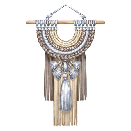 watercolor illustration. Modern macrame wall hanging decor with fringe and tassels, bohemian handmade ornament. Clip art isolated on white backgroundの写真素材