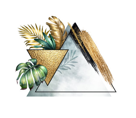 watercolor illustration, abstract sacred geometry. Triangular shapes, tropical palm leaves and golden brushstrokes isolated on white backgroundの写真素材