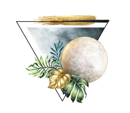 watercolor illustration, abstract sacred geometry. Triangular frame, tropical palm leaves, golden brushstroke smear and moon, isolated on white backgroundの写真素材