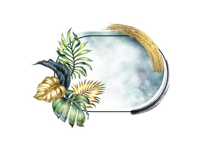 watercolor illustration isolated on white background. Oval frame decorated with assorted gold and green tropical palm leaves and brush strokesの写真素材