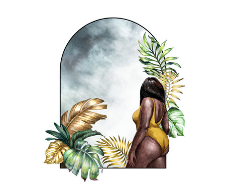 watercolor illustration isolated on white background. Geometric arch with tropical palm leaves and curvy body of black woman wearing yellow swimsuit. Peaceful mind and natureの写真素材