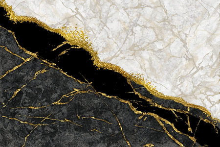 abstract background, black and white marble with golden veins, japanese kintsugi technique, fake painted artificial stone texture, marbled wallpaper, digital marbling illustrationの写真素材