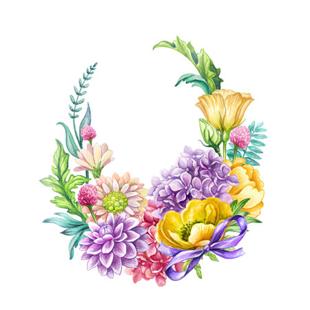 watercolor botanical illustration. Easter egg shape decorated with fresh spring flowers. Festive wreath, floral arrangement, isolated on white background. Greeting card template with copy spaceの写真素材