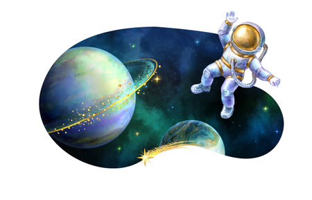 watercolor illustration. Curvy shape cosmic sticker with stars, planets, spaceman and golden comet. Space clip art isolated on white backgroundの写真素材