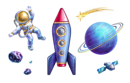 watercolor illustration. Astronaut spaceman rocket planet comet satellite. Set of space elements clip art isolated on white backgroundの写真素材