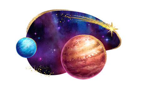 watercolor illustration. Space with starry sky and planets, curvy shape sticker, clip art isolated...