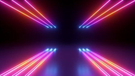 3d rendering. Abstract futuristic neon background. Red blue lines, glowing in the dark. Ultraviolet spectrum. Cyber space. Minimalist wallpaperの写真素材
