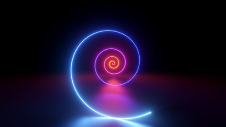 3d render, abstract geometric background, neon spiral line glowing in the dark. Simple helix. Minimalist wallpaperの写真素材