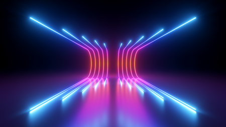 3d rendering, rounded pink blue neon lines, glowing in the dark. Abstract minimalist geometric background. Ultraviolet spectrum. Cyber space. Futuristic wallpaperの写真素材