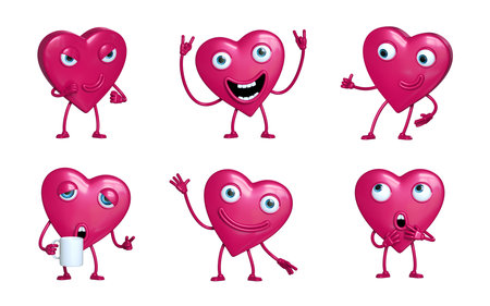 3d render, set of heart cartoon character with facial emotions, comic clip art isolated on white backgroundの写真素材