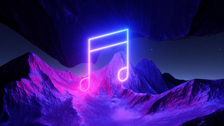 3d render. Abstract neon background. Fantastic landscape with glowing musical notes symbol and rocky mountainsの写真素材