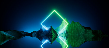 3d render, abstract neon background with rhombus geometric shape, square frame and extraterrestrial landscape under the night sky. Rocks and water reflection. Futuristic minimalist wallpaperの写真素材