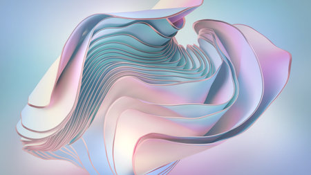 3d rendering, abstract soft pastel pink blue textile background with silky layers, folds and curves. Drapery waving and fluttering. Fashion wallpaperの写真素材