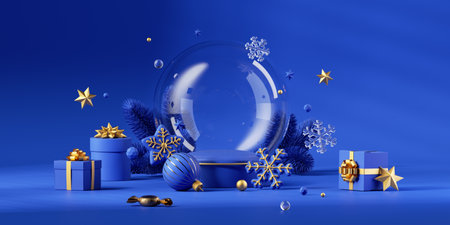 3d render, festive blue background with Christmas ornaments, empty glass snow ball, wrapped gift boxes and spruce twigs. Modern holiday banner templateの写真素材