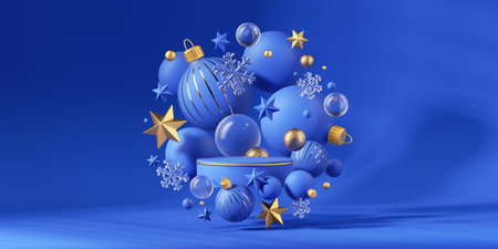 3d render, abstract Christmas ornaments and glass balls isolated on blue background. Happy New Year festive wallpaperの写真素材