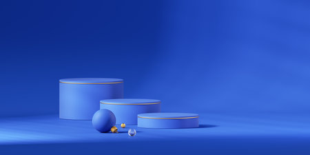 3d render, abstract blue background. Empty podiums for product presentation, spruce twig and Christmas ornaments. Empty festive showcaseの写真素材