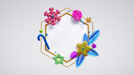 3d render, minimal Christmas hexagonal frame isolated on white background decorated with glossy metallic ornaments, stars, snowflakes, candy cane. Blank greeting card mockupの写真素材