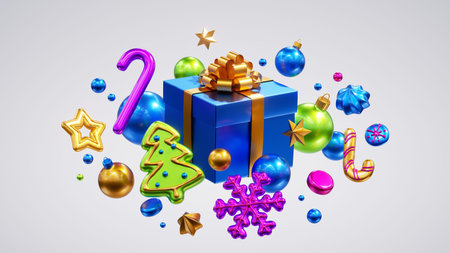 3d render, Christmas gift box wrapped with blue foil and golden ribbon, glass balls, candy cane,...