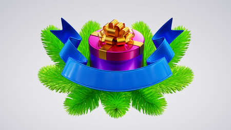 3d render, blue ribbon decorated with green spruce and metallic gift box. Christmas and New Year clip art isolated on white background. Festive seasonal wallpaperの写真素材