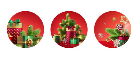 3d render, set of assorted round Christmas labels, festive clip art isolated on red background. Holiday stickersの写真素材