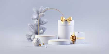 3d render, white and gold winter holiday background with empty podiums, frozen spruce twigs, wrapped gift boxes and Christmas ornaments. Festive showcase for products presentationの写真素材