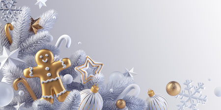 3d render, silver white winter background with Christmas ornaments, golden elements, frozen spruce twigs and gingerbread man cookie. Festive wallpaper with blank copy spaceの写真素材