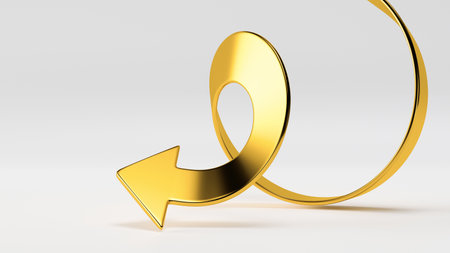 3d render, abstract spiral gold arrow, isolated on white background. Metallic direction signの写真素材