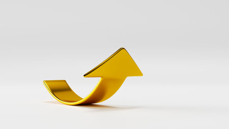 3d render, abstract gold arrow ascending, isolated on white background. Metallic direction signの写真素材