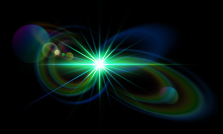 abstract green lens flare effect, cosmic radiation, sunlight glare, clip art isolated on black background. Bokeh lights. Digital illustrationの写真素材