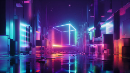 3d render, abstract red blue neon background. Glowing linear volumetric cube in the middle of the city street, under the starry night sky. Digital futuristic wallpaperの写真素材