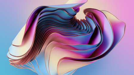 3d render, abstract pink blue textile background with silky layers, folds and curves. Drapery waving. Modern fashion wallpaperの写真素材