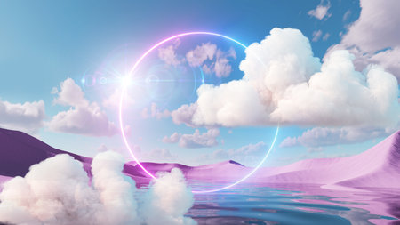 3d render, abstract fantasy background. Surreal fantastic landscape. Blue sky, white fluffy clouds, neon round linear frame, calm water, pink sand dunes. Virtual reality paradise wallpaperの写真素材