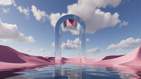 3d render, modern abstract background of surreal landscape. Blue sky with white clouds, pink sand dunes, calm water and mirror geometric arch. Fantasy sceneryの写真素材