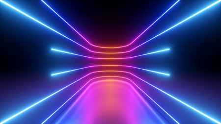 3d render. Abstract futuristic neon background. Red pink blue rounded lines, glowing in the dark. Ultraviolet spectrum. Cyber space. Minimalist wallpaperの写真素材