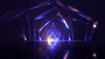 3d render, abstract geometric neon background with glowing triangular frame. Laser linear shape at the end of dark tunnelの写真素材