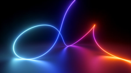 3d rendering, colorful neon curvy line with loops glowing in the dark. Minimalist wallpaper with linear light strokeの写真素材