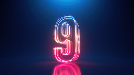 3d render, digital neon number nine. Glass symbol with glowing linear frame, laser lineの写真素材