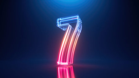 3d render, digital neon number seven. Glass symbol with glowing linear frame, laser lineの写真素材