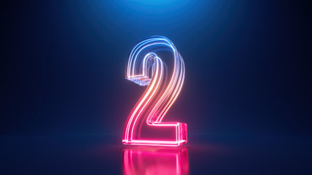 3d render, digital neon number two. The second place. Glass symbol with glowing linear frame, laser lineの写真素材