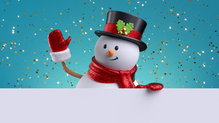 3d render, happy snowman waving hand, holds white paper, gold glitter confetti over the blue background. Christmas greeting card template with copy space. Seasonal holiday wallpaperの写真素材