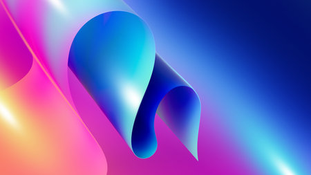 3d render. Abstract pink blue background of curvy ribbon. Fluorescent neon wallpaper of folded glossy paperの写真素材