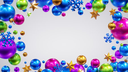 3d render, abstract fun Christmas background, blank frame decorated with assorted colorful metallic ornaments and glass balls. New Year festive wallpaperの写真素材