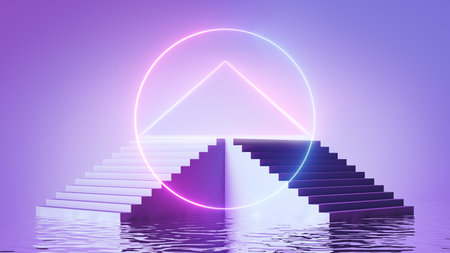 3d render, abstract violet background, empty staircase pedestal, empty podium for product presentation, neon geometric linear frames, water surface with reflections. Modern minimal showcaseの写真素材