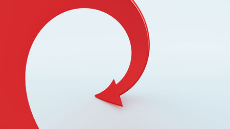 3d render, abstract curvy red arrow, isolated on white background. Direction symbolの写真素材
