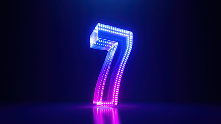 3d rendering, pink blue neon number seven, isolated on dark blue background with reflection. Digital...
