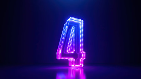 3d rendering, pink blue neon number four, isolated on dark blue background with reflection. Digital...