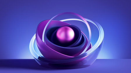 3d render, abstract minimalist background with metallic core ball hidden inside glass hemisphere shell. Modern violet wallpaperの写真素材