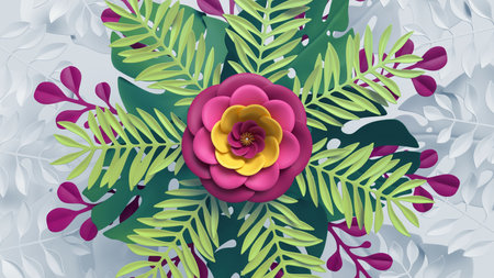 3d rendering, abstract paper flowers and green tropical palm leaves isolated on white background. Colorful floral kaleidoscope, botanical ornament. Modern wallpaperの写真素材
