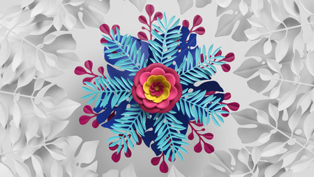 3d render, abstract background of floral kaleidoscope, blue pink paper flowers and tropical leaves, botanical ornament. Modern wallpaperの写真素材